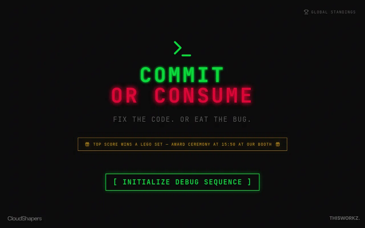 Startscherm van Commit or Consume: groene en rode neonletters in een terminal.