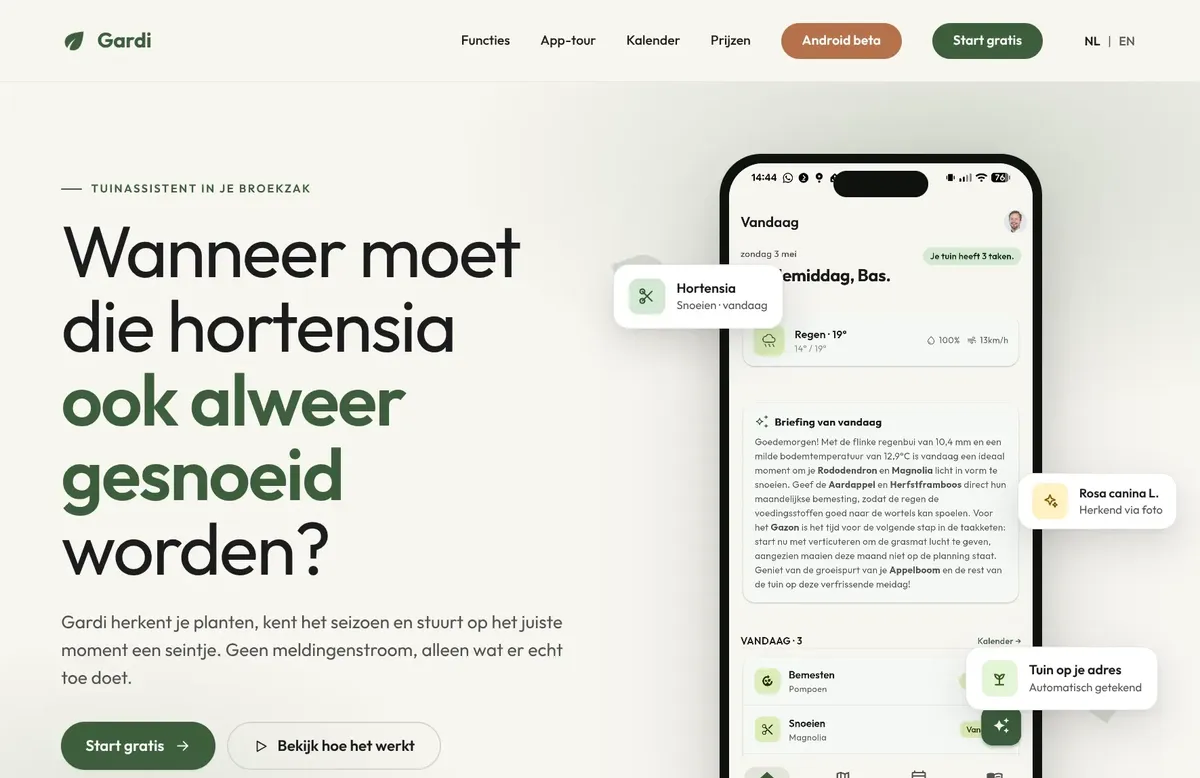 Startpagina van Gardi met de app op een telefoon.